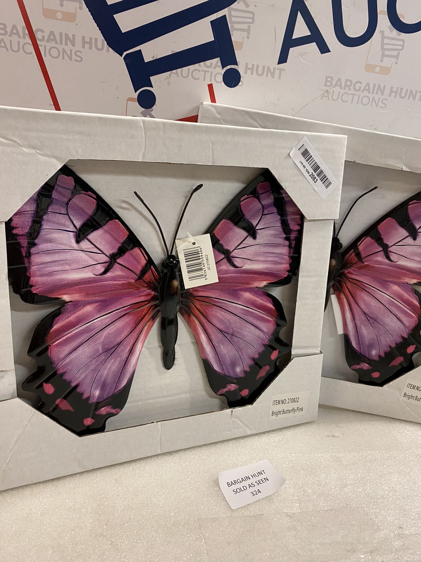 RRP £24 Set of 2 x Willow & Avon Bright Pink Purple Single Flower Butterfly Metal Wall Art Plaque