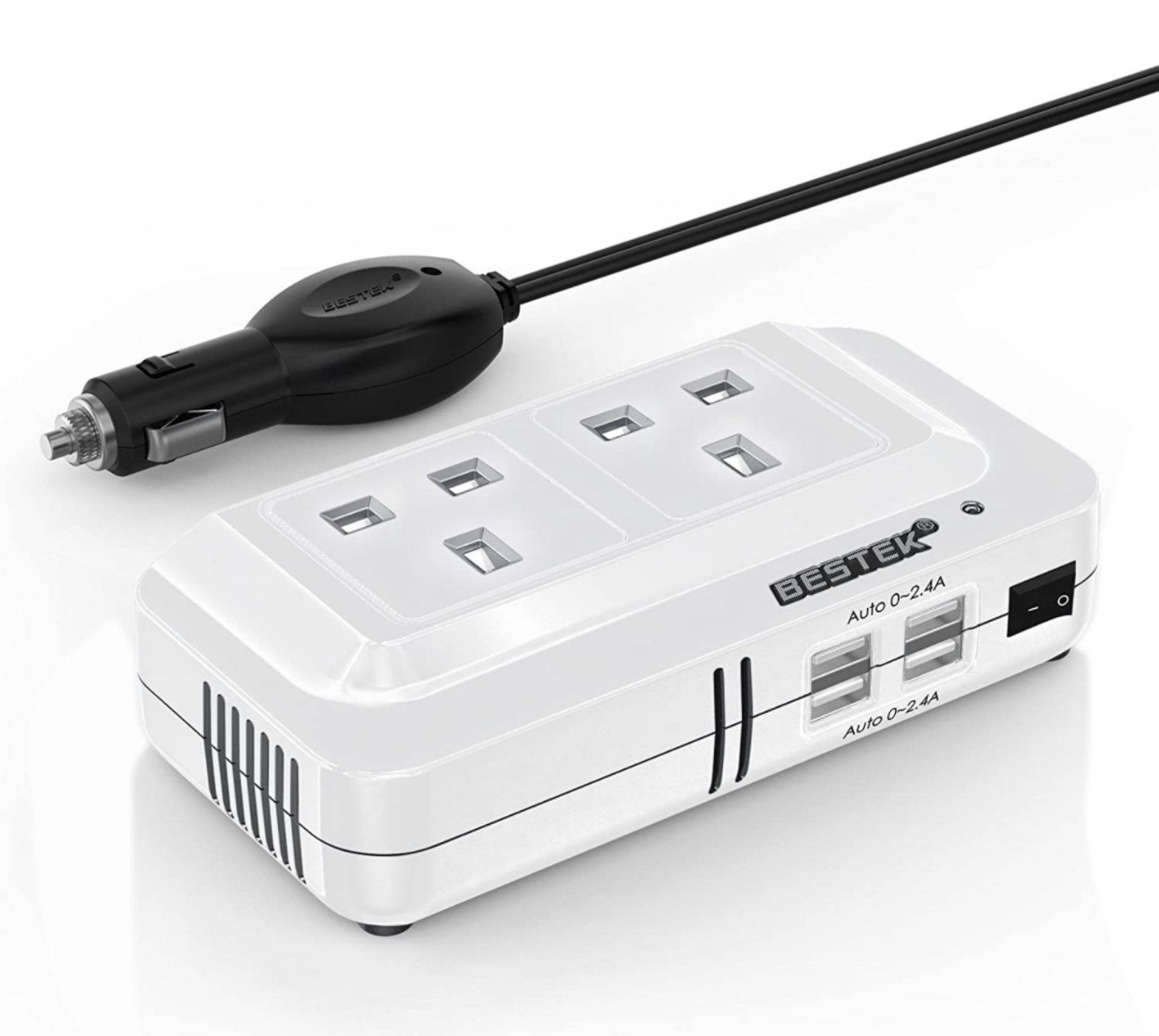 RRP £39.99 Bestek 200W Power Inverter DC 12V to AC 230V 240V Dual Socket Car Voltage Converter 4 USB