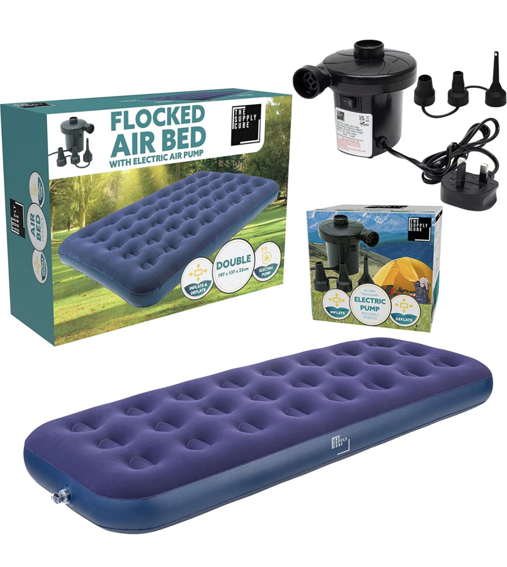 RRP £23.99 The Supply Cube Blow Up Bed with AC Pump Inflatable Airbed portable Mattress, Single