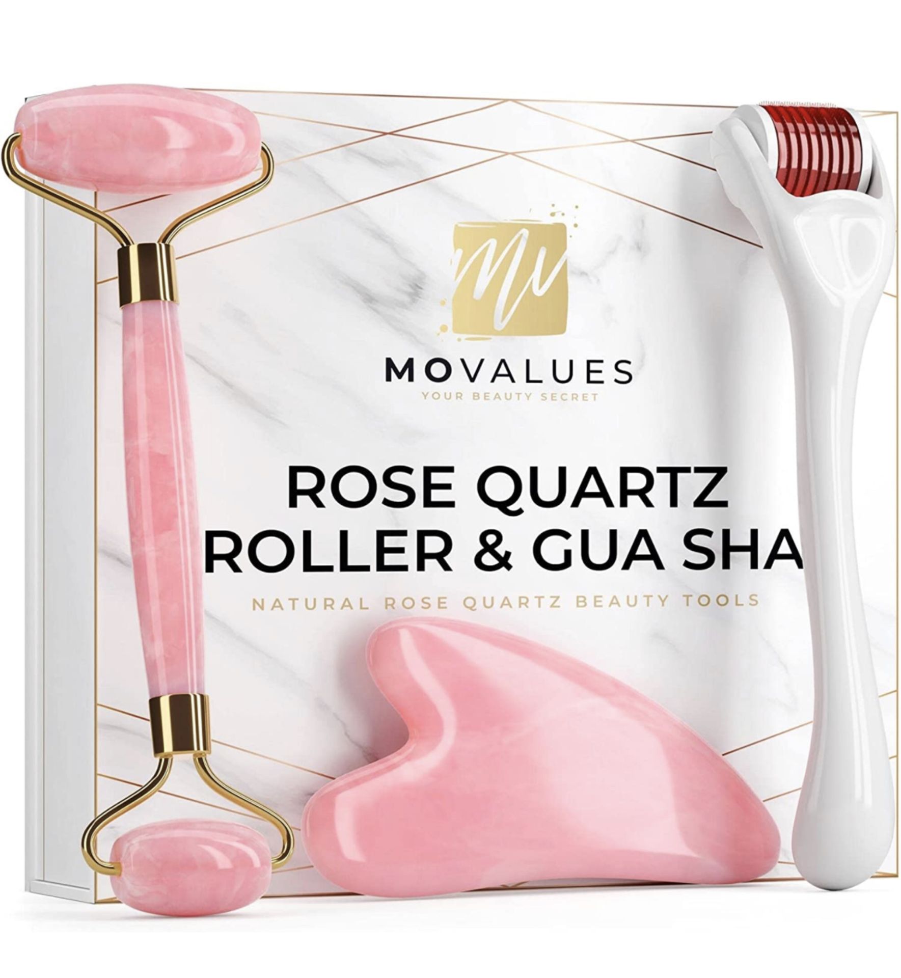 RRP £39.99 Rose Quartz Face Roller Derma Gua Sha Massage Tool Beauty Set