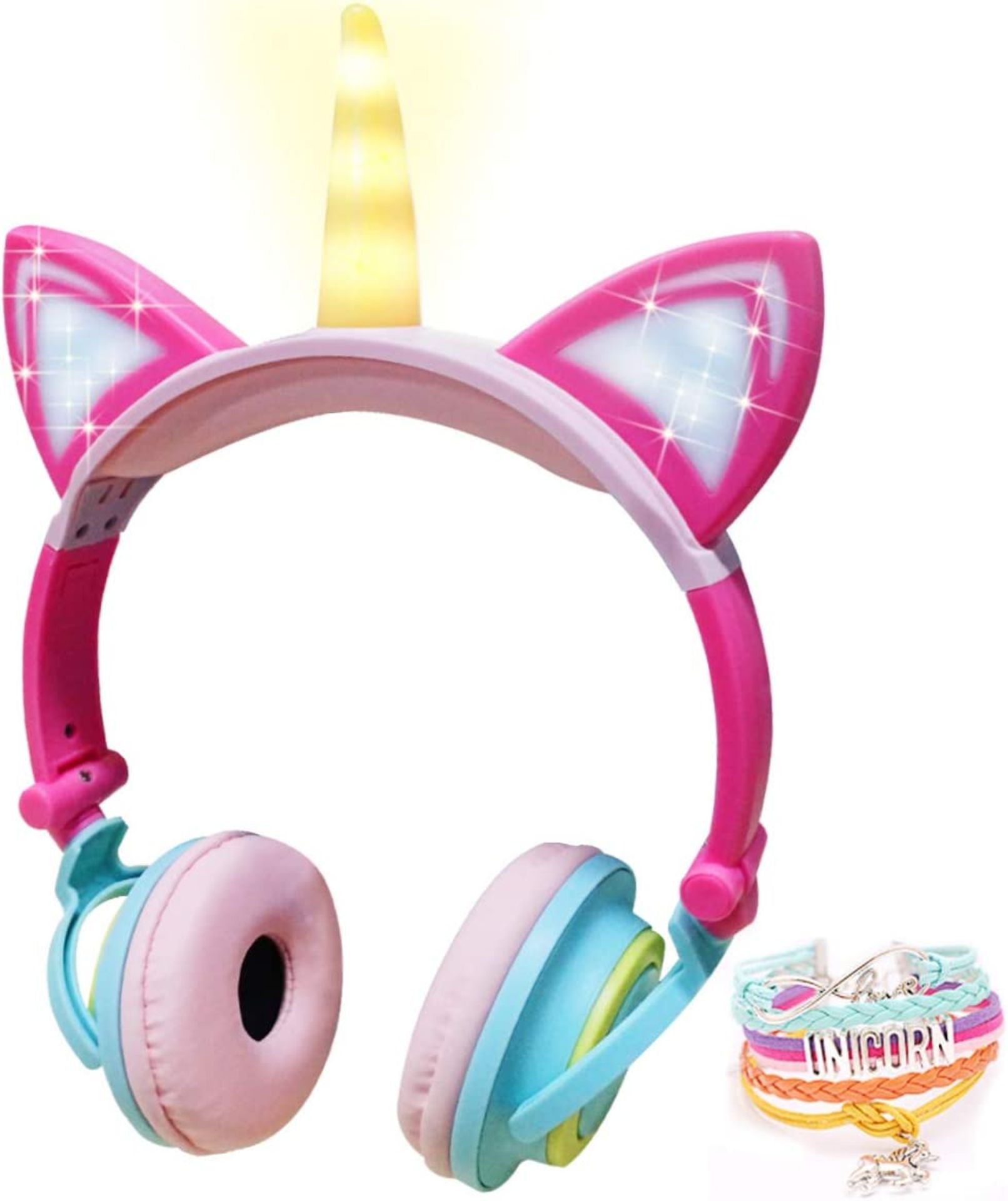 Unicorn Headphones for Girls, 85dB Volume Limiting Kids Foldable Headphones Over Ear with LED