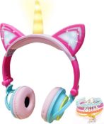 Unicorn Headphones for Girls, 85dB Volume Limiting Kids Foldable Headphones Over Ear with LED
