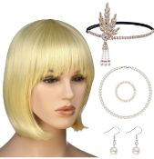 RRP £42 Set of 3 x Plulon 6 Pieces 1920s Flapper Great Gatsby Accessories Short Bob Wigs with Bangs