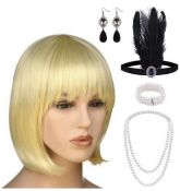 RRP £42 Set of 3 x Plulon 6 Pieces 1920s Flapper Great Gatsby Accessories Short Bob Wigs with Bangs