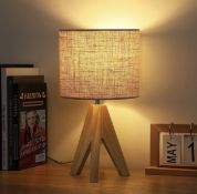 Edishine 36cm Wood Bedside Table Lamp Tripod Desk Lamp with Linen Lampshade, On-Off Switch Desk