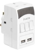 Parth Triple Plug Adapter/ USB Adaptor Plug 3 Way UK Mains Switched Travel Adapter RRP £14.99