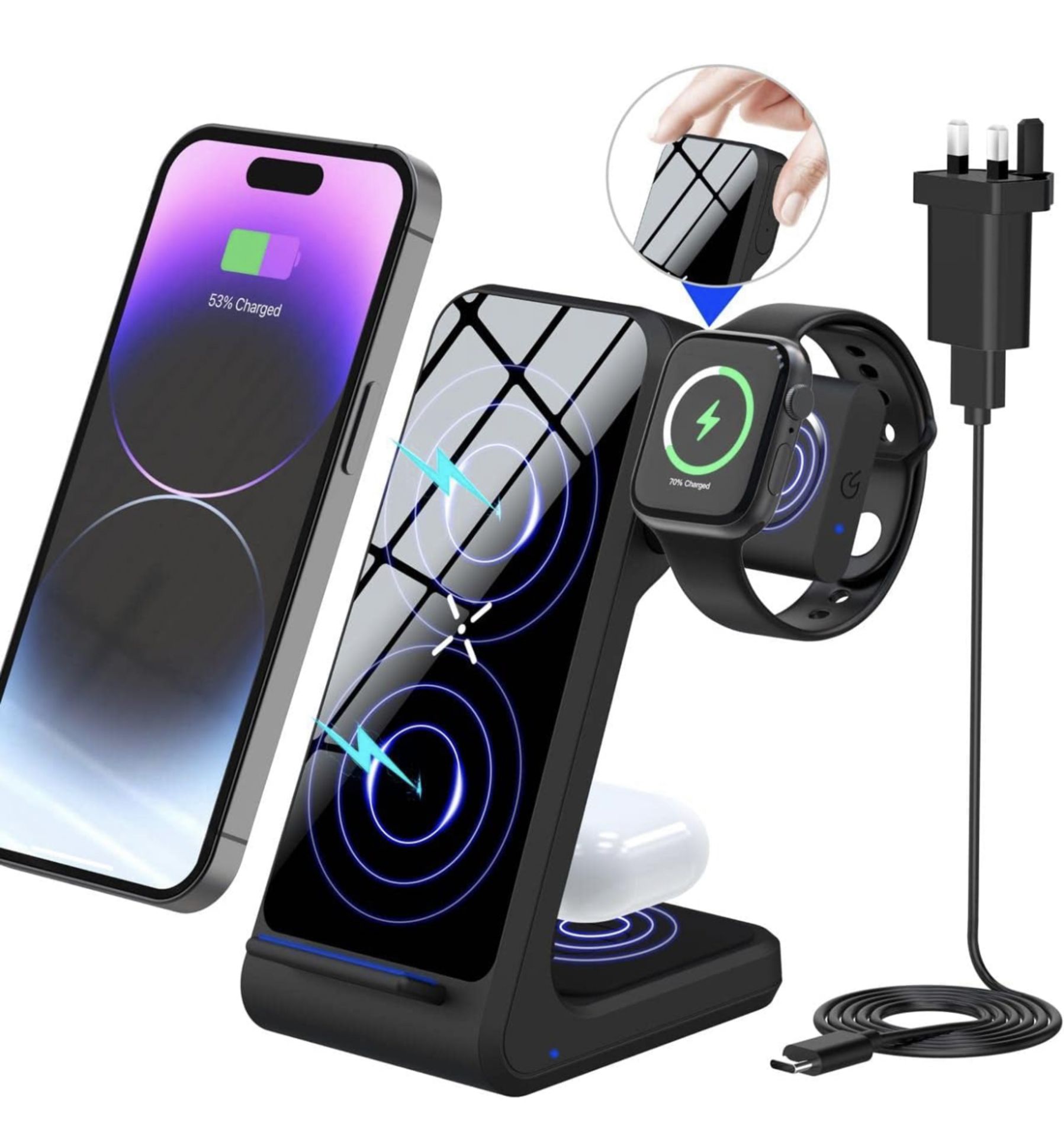 RRP £22.99 Feir Wireless Charger Fast 3-In-1 Charging Station Pop-Up Watch Charging Stand
