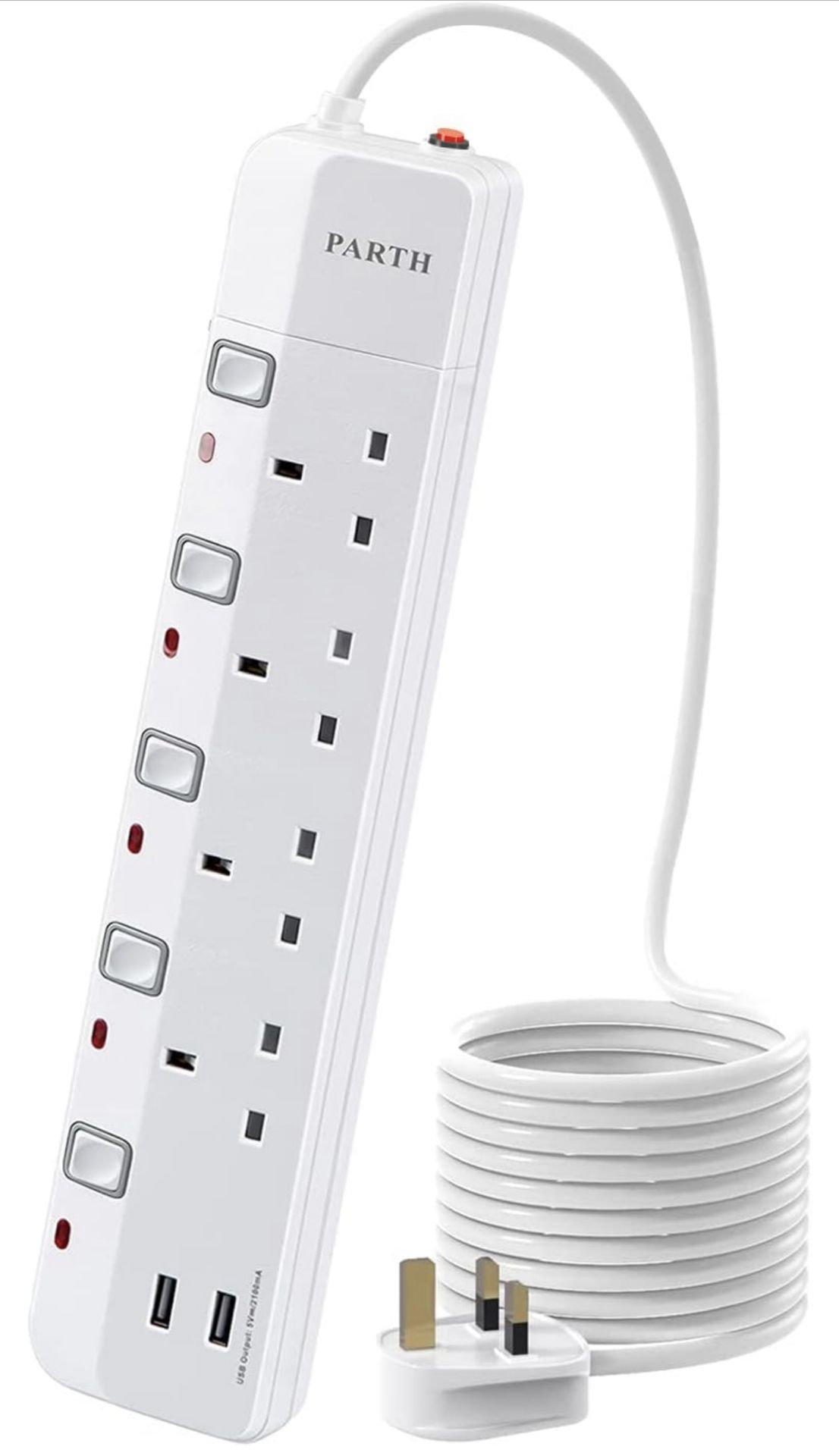 RRP £21.99 Parth Surge Protected Extension Lead with USB Slots 3m Long Cord Extension Cable 4 Way