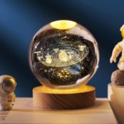 3D Planet Crystal Ball Night Light Space Galaxy Crystal Ball with Wooden Base,3D Engraved Solar