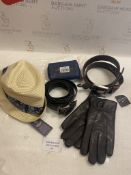 Set of Mixed Items, Including Leather Belts, Wallet, Hat and Gloves