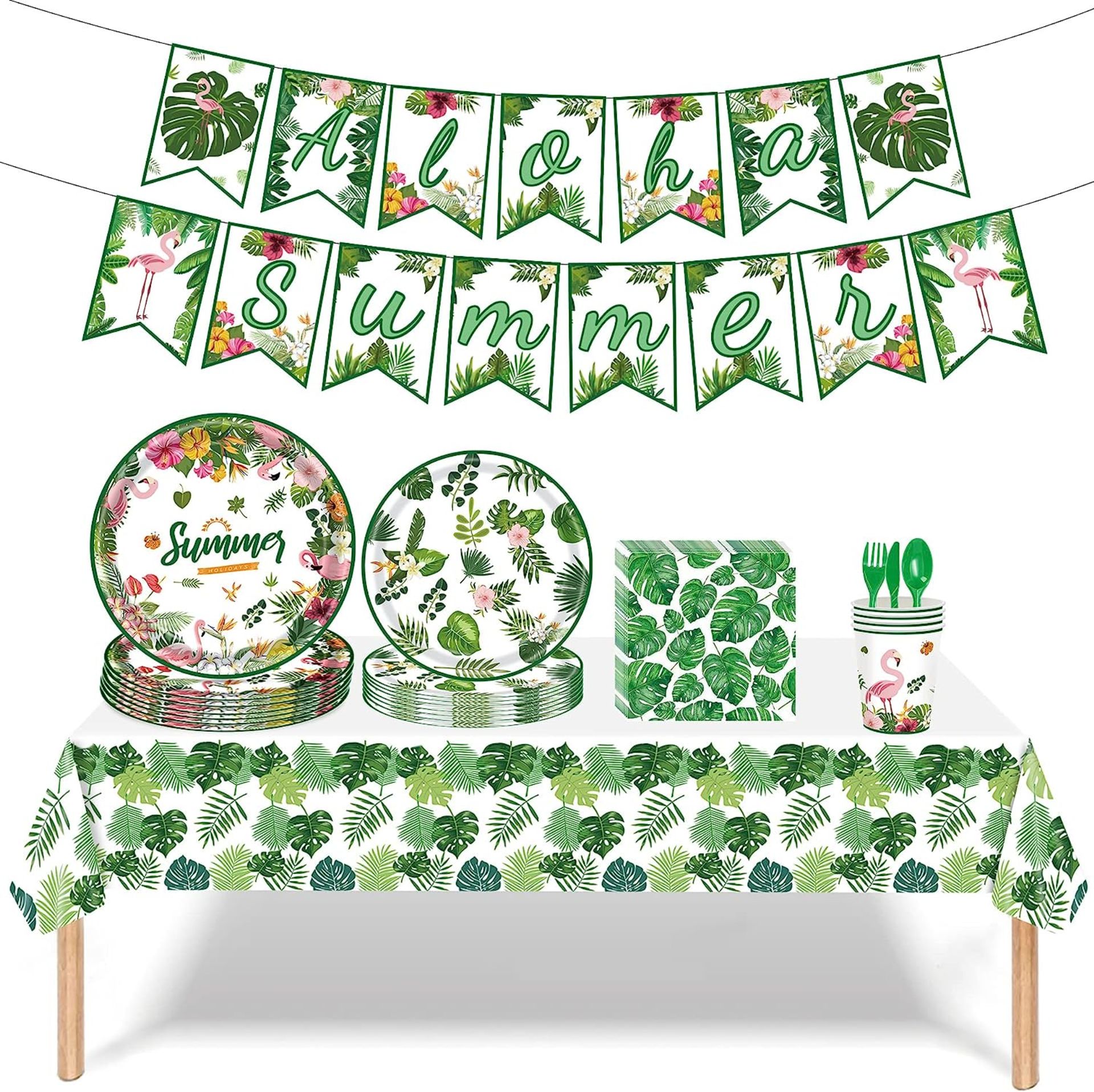 RRP £22.99 HEREER 130 Piece Hawaiian Party Accessories Set with Summer Flamingo Plates Cups