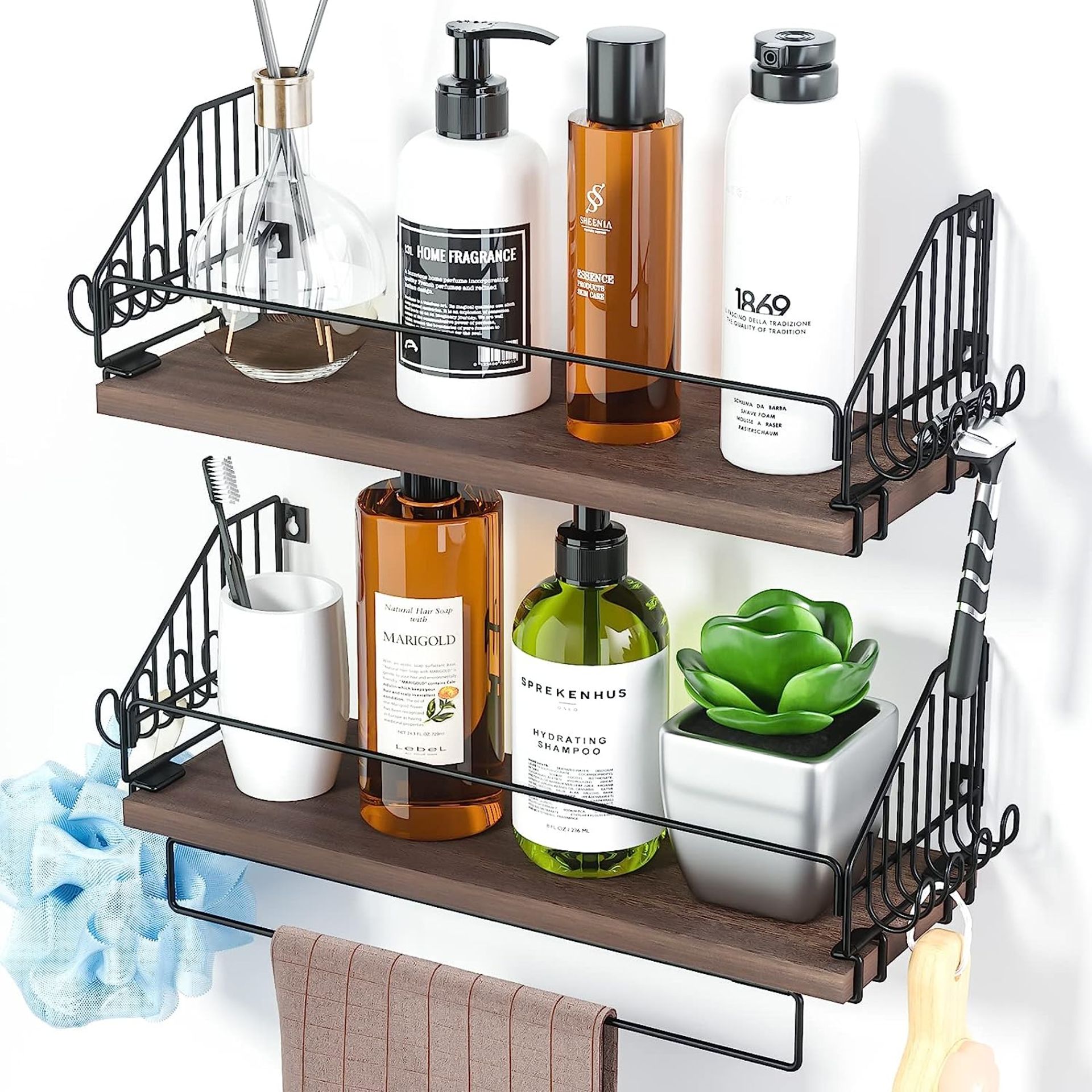 Floating Shelves for Wall, Rustic Wall Shelves with Foldable Towel Holder 2-Pack