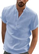 RRP £18.99 YAOBAOLE Men's Summer Linen Cotton Henley Shirt Casual Short Sleeve Shirt, XL