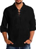RRP £19.99 YAOBAOLE Men's V-Neck Cotton Linen Lace up Shirt Collar Beach Top, XL