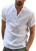 RRP £18.99 YAOBAOLE Men's Summer Linen Cotton Henley Shirt Casual Short Sleeve Beach Shirt, 2XL