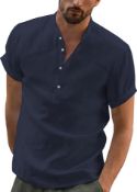 RRP £18.99 YAOBAOLE Men's Summer Linen Cotton Henley Shirt Casual Short Sleeve Shirt, L