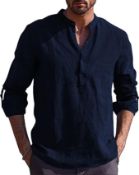 RRP £18.99 YAOBAOLE Men's Summer Linen Cotton Henley Shirt Casual Button Up Beach Shirt, XL