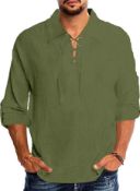 RRP £19.99 YAOBAOLE Men's V-Neck Cotton Linen Lace up Shirt Collar Beach Top, 3XL