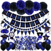 RRP £88 Set of 8 x ZERODECO Graduation Decorations, Black and Blue Banner Paper Pompoms Fan
