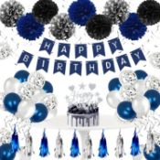 RRP £65 Set of 5 x Navy Blue Birthday Decoration Balloons Set-Happy Birthday Banner Blue Silver