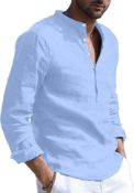 YAOBAOLE Men's Summer Linen Cotton Henley Shirt Casual Long Sleeve Button Up Beach Shirt, XL