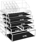 RRP £26.99 SONGMICS Large Clear Acrylic Make up Organiser, Stackable Cosmetic Box, with 6 Drawers,