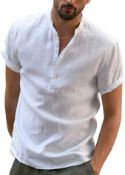 RRP £18.99 YAOBAOLE Men's Summer Linen Cotton Henley Shirt Casual Short Sleeve Button Up Beach