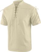 RRP £19.99 YAOBAOLE Men Short Sleeve Henley Shirt Classic Lace Up Medieval Vintage Men Shirt, XL