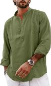 RRP £17.99 YAOBAOLE Mens Casual Cotton Linen Short/Long Sleeve Henley Shirt Grandad Banded Button