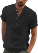 RRP £18.99 YAOBAOLE Men's Summer Linen Cotton Henley Shirt Casual Short Sleeve Button Up Beach