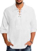 RRP £19.99 YAOBAOLE Men's Fashion V-Neck Cotton Linen Lace up Shirts Grandad Collar Beach Yoga