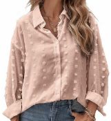 RRP £30.99 APOONABA, XL Womens Long Sleeve V Neck Button Down Blouse Shirt Casual Loose Pom Pom Top