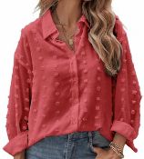RRP £30.99 APOONABA, Small, Womens Long Sleeve V Neck Button Down Blouse Shirt Casual Loose Pom