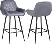 RRP £119.99 ralex-chair Bar Stools Set of 2 Grey Velvet Fabric with Backrest and Armrest, High