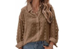 RRP £30.99 APOONABA, Medium, Womens Long Sleeve V Neck Button Down Blouse Shirt Casual Loose Pom Pom