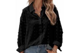 RRP £30.99 APOONABA, Medium, Womens Long Sleeve V Neck Button Down Blouse Shirt Casual Loose Pom Pom
