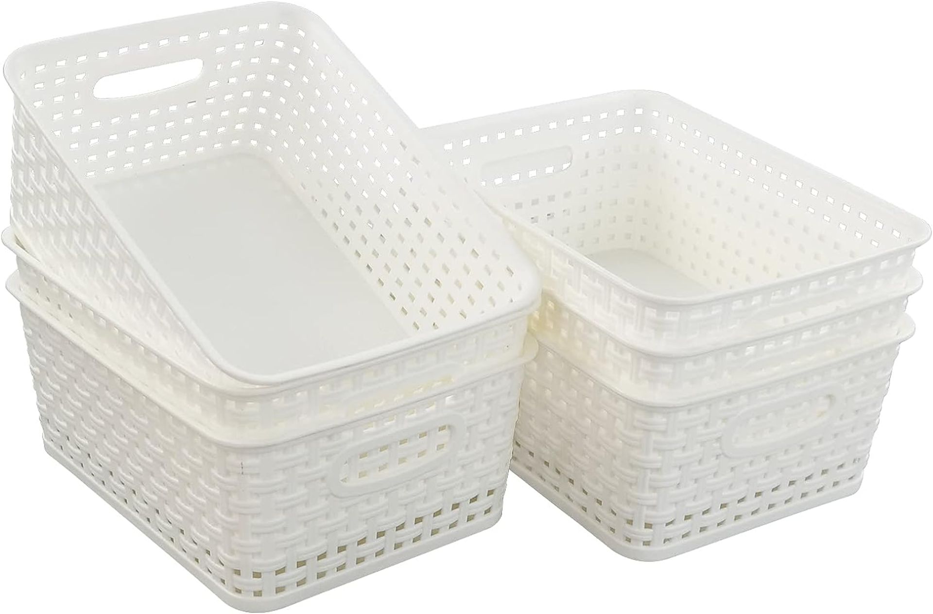 Neadas White Plastic Woven Rattan Storage Baskets, 6 Pack