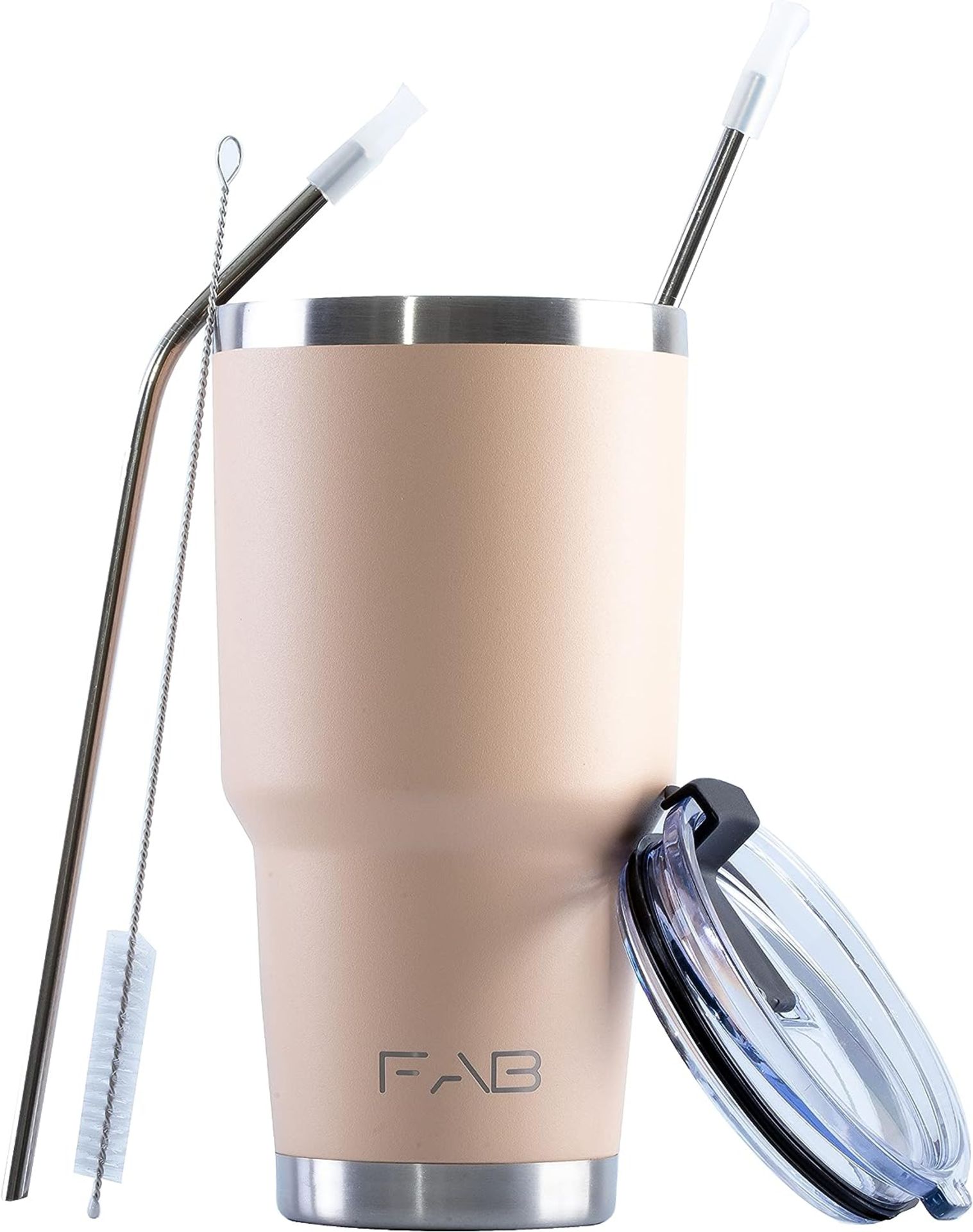 RRP £40 Set of 2 x FAB Tumbler - Beige Reusable 30oz(850ml) Stainless Steel Tumbler with Lid and