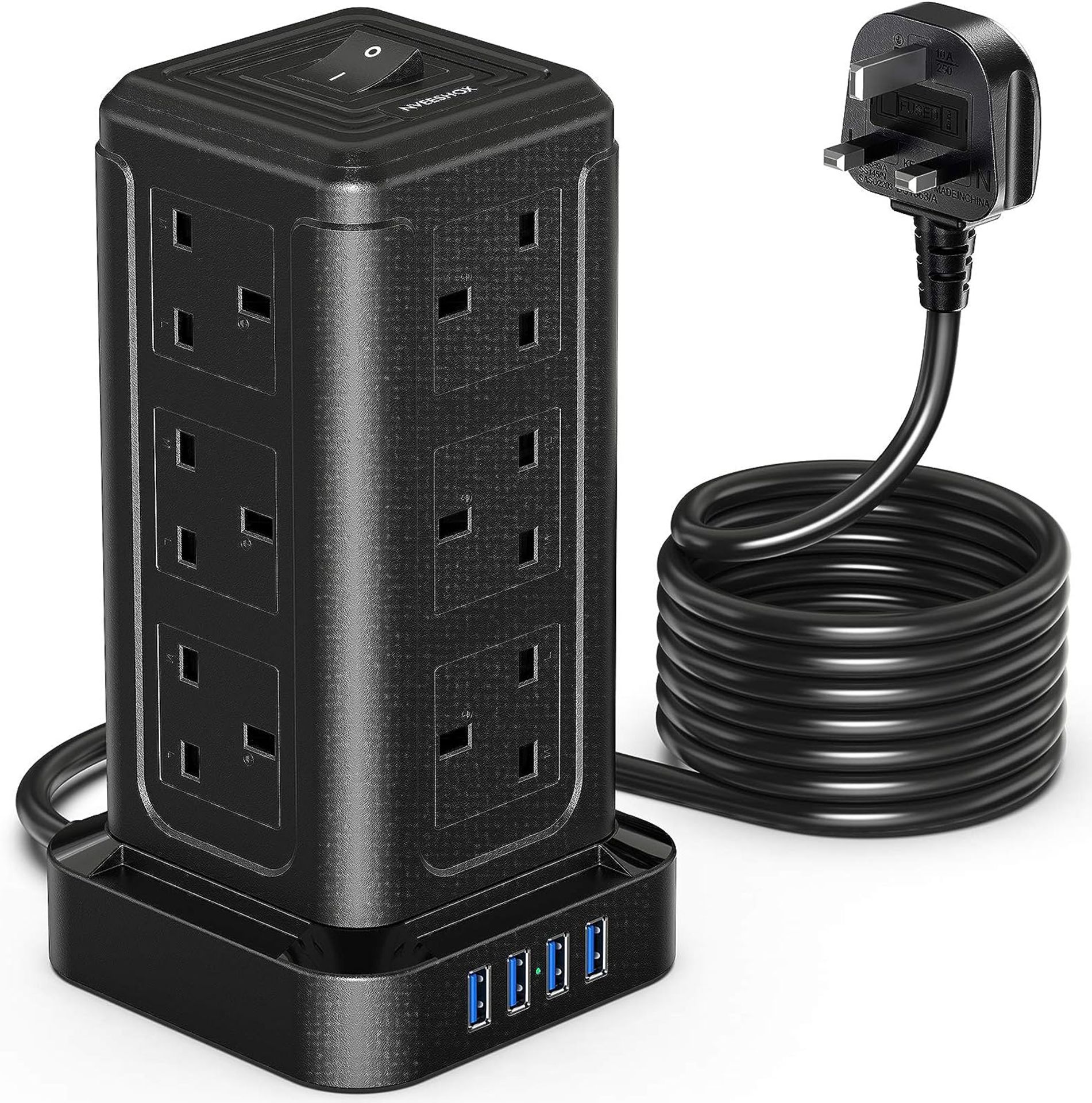 RRP £32.99 NVEESHOX Extension Lead Surge Protection,12 Way Power Strip Tower with 4 USB Slots 5M/