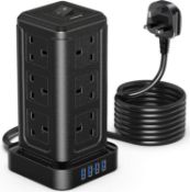 RRP £32.99 NVEESHOX Extension Lead Surge Protection,12 Way Power Strip Tower with 4 USB Slots 5M/