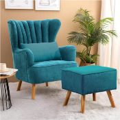 RRP £225 INMOZATA Armchair with Footstool Teal Linen Fabric Occasional Accent Chair Stunning Shell