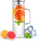 RRP £17.99 Ehugos Glass Water Pitcher, 1300ml Glass Pitcher with Lid Juice Pitcher Water Carafe