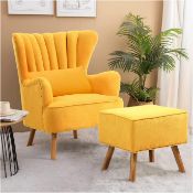 RRP £199 INMOZATA Armchair with Footstool Yellow Linen Fabric Occasional Accent Chairs Stunning