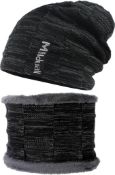 RRP £26 Set of 2 x Milduall Winter Warm Knit Beanie Hat Neck Warmer Scarf Set with Thick Faux Rabbit