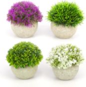 Artificial Plants in Pots, 4 Pack Small Decorative Fake Flower and Grass with Grey Pot