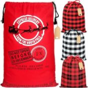 Advantez Christmas Drawstring Bags, 4-Pack Reusable Cotton Canvas Santa Sack Buffalo Plaid