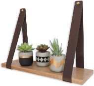 Gadgy Wood Floating Shelf | Decorative Hanging Rope Shelf | Solid Oak and Leather Straps | 50 x 15 x