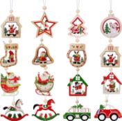 RRP £50 Set of 5 x 16-Pieces Christmas Tree Decorations Wooden Christmas Ornaments Christmas Tree