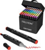 RRP £29.99 Vallteng 100 Colours Permanent Art Markers Twin Marker Pen Broad Fine Point Black