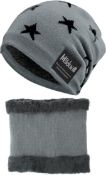 RRP £28 Set of 2 x Kids Winter Warm Knit Beanie Hat Neck Warmer Scarf Set with Thick Faux Rabbit Fur